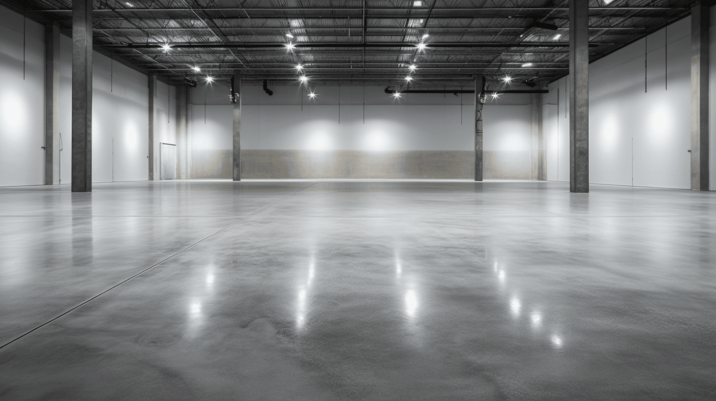 an empty warehouse with polished concrete flooring